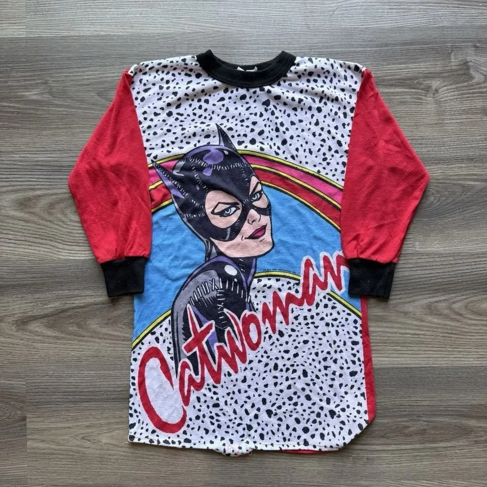 Vintage 90s Catwoman Pajama Dress Shirt Youth Girls Size Small AOP DC Comics USA